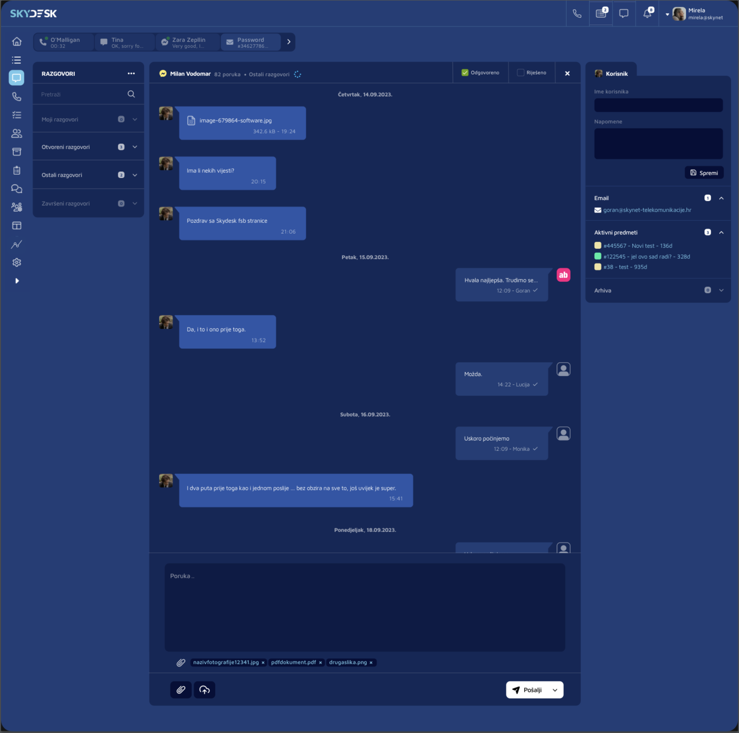 SkyDesk omnichannel support channels – conversations view with active customer chat, history, attachments and cases panel